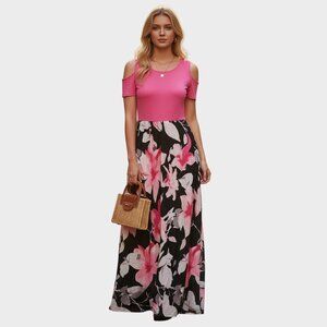 KANCYSTORE Maxi Dress Womens Small Pink Black Floral Cold Shoulder Boho Flow
